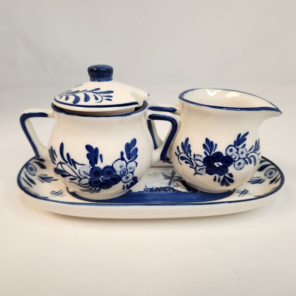 Delft Blue Mini Ceramic Creamer, Covered Sugar Bowl w/Tray Hand Painted 3 Pc Set - Picture 2 of 16